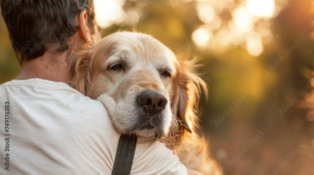 A content golden retriever dog enjoys a warm hug from a person, capturing a moment of affection and friendship in the soft glow of sunset.