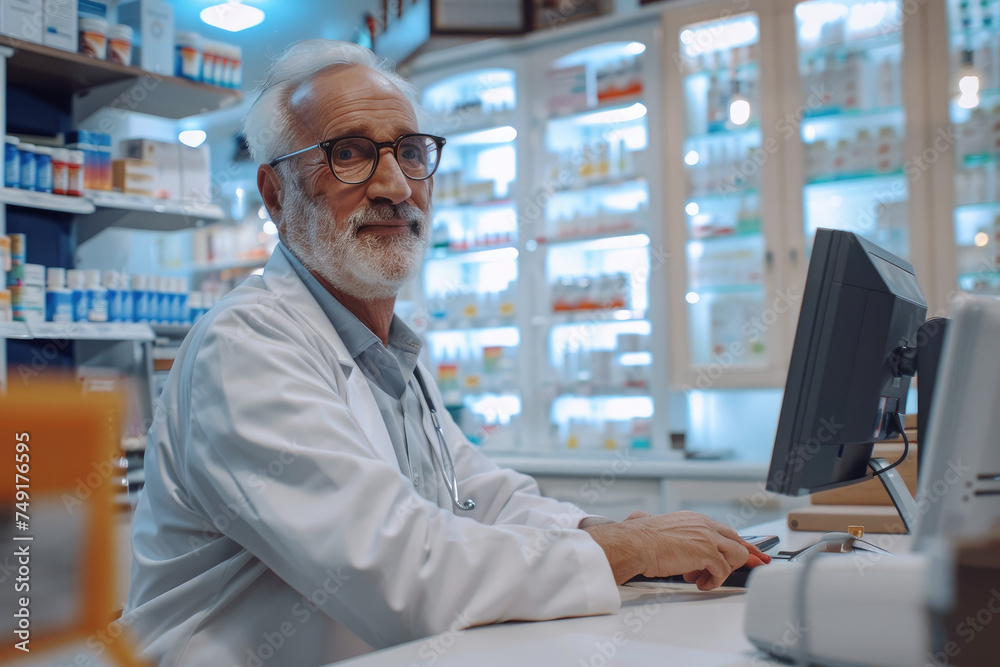 senior male pharmacist working in in modern pharmacy