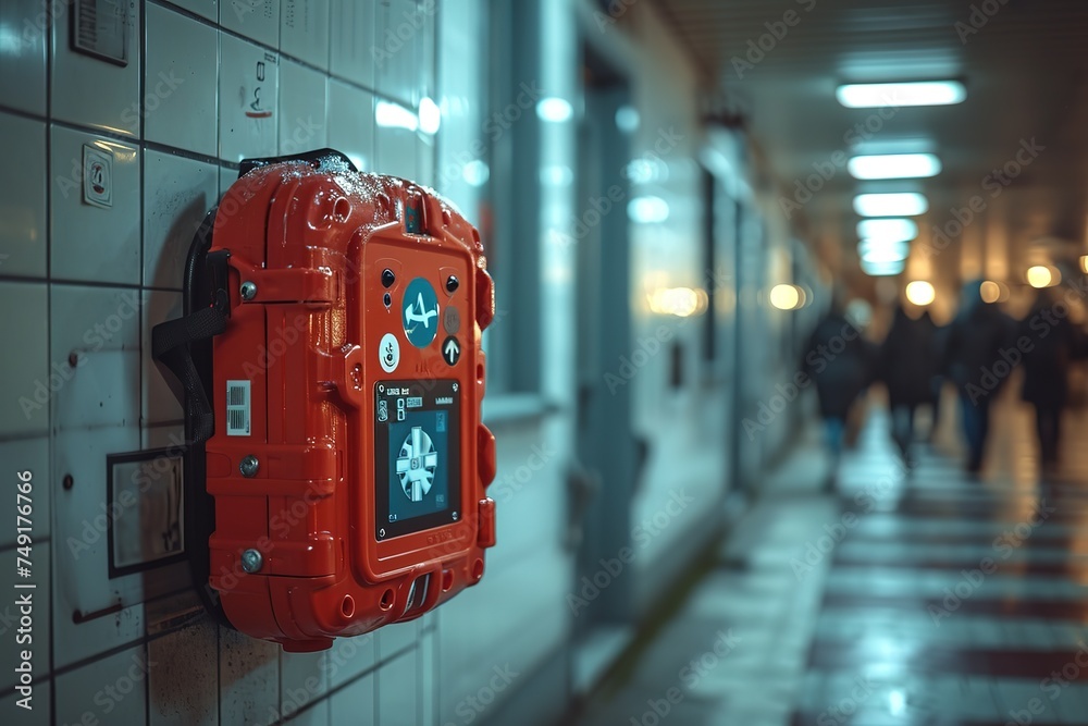 Automated External Defibrillator (AED) An AED unit mounted on a wall in a public space Automated External Defibrillator (AED) An AED unit mounted on a wall in a public space