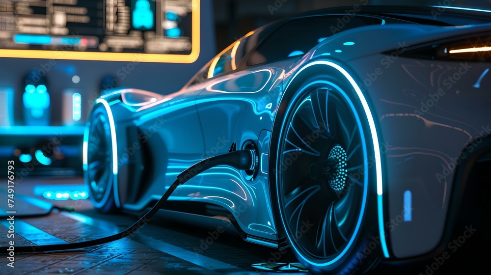 Futuristic electric sports car charging at night. neon lights reflecting on sleek design. eco-friendly automobile innovation. AI