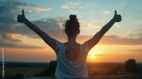 a person from behind, raising their arms with thumbs up towards the sky as the sun sets or rises, embodying a sense of accomplishment and positivity.