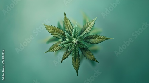 Serene floating cannabis leaf with a soft green backdrop. ideal for wellness and nature themes. studio shot with emphasis on simplicity. AI