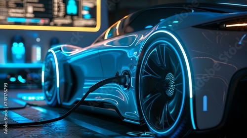 Futuristic electric sports car charging at night. neon lights reflecting on sleek design. eco-friendly automobile innovation. AI