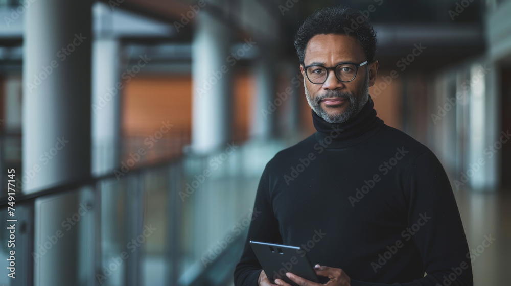 A poised individual in a turtleneck stands in an office hallway holding a tablet, looking confident and professional. A poised individual in a turtleneck stands in an office hallway holding a tablet, looking confident and professional.