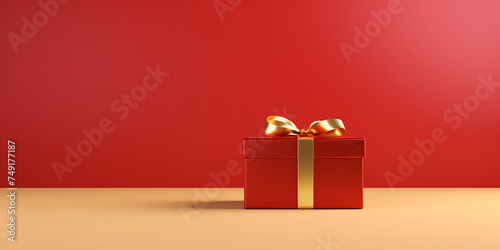 Golden tag with red gift box, Red Christmas gift box with gold bow,   © Joun