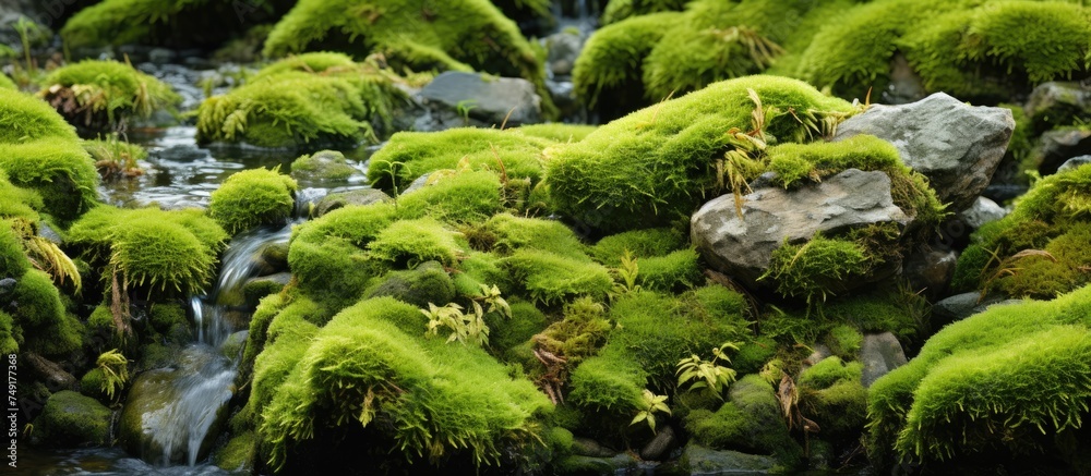 A stream winds its way through a dense forest filled with vibrant green vegetation. The water glistens under the sunlight as it cascades over rocks and boulders, creating a soothing sound.