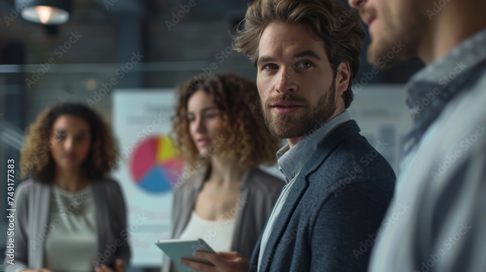 Three professionals are discussing data and charts on a presentation board in a modern office setting. Three professionals are discussing data and charts on a presentation board in a modern office setting.