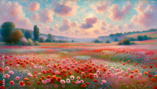 Poppies field. Oil painting style. Spring landscape with poppies
