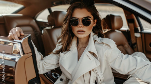 Stylish female model wearing a white trench coat and sunglasses sits in a brown luxury car © Kien