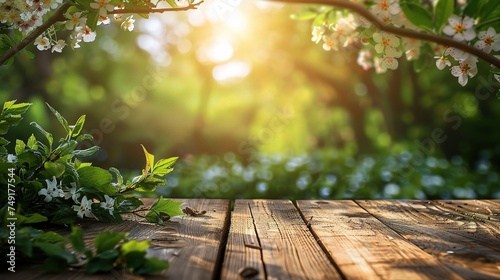 Spring beautiful background with green lush young foliage and flowering branches with an empty wooden table on nature outdoors