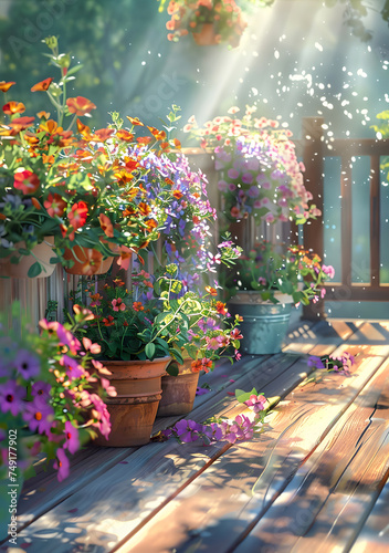 beautiful flowers on wooden terrace