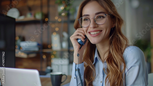 a cheerful businesswoman with glasses, engaging in a pleasant conversation over the phone at her office desk, with a softly blurred background suggesting a modern and busy work environment.