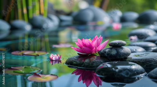 Spa  Natural Alternative Therapy With Massage Stones And Water Lily in Water with bamboo tree  scented candle  in the style of stone sculptures