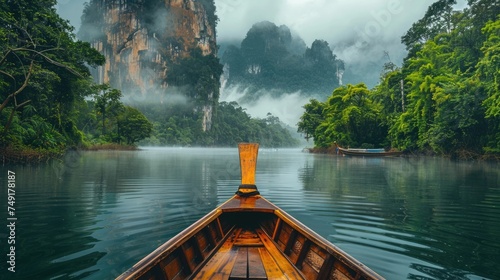 Fun boat trip. Magnificent nature of Thailand. Moving thai traditional Wooden boat sail among tropical islands at National Park. Summer vacation. Asia travel. Beautiful background. Tropical landscape. photo