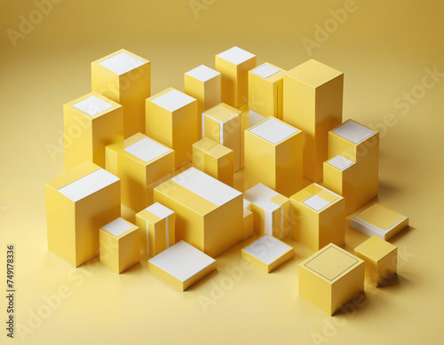 Set of yellow geometric compositions  3d render