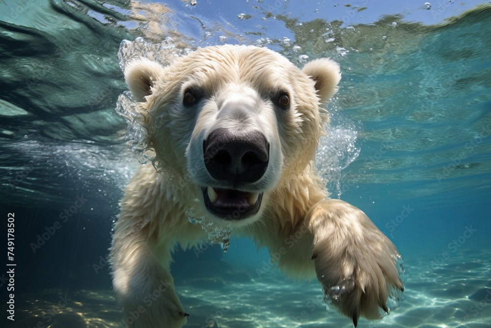 Polar bear underwater attack. Polar bear attacking underwater full paw blow details - obrazy, fototapety, plakaty 