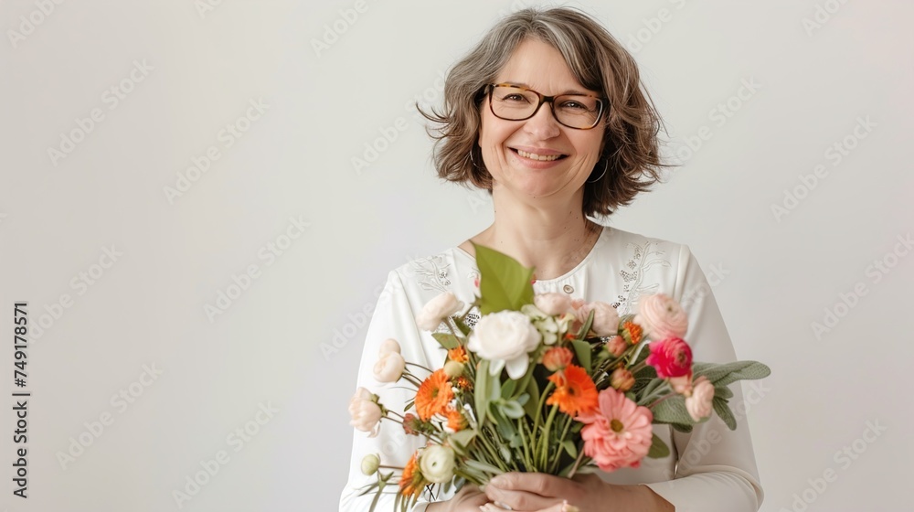 Happy mother elder woman wearing glasses receiving holding a bouquet of flowers