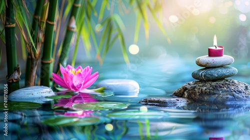 Spa  Natural Alternative Therapy With Massage Stones And Water Lily in Water with bamboo tree  scented candle  in the style of stone sculptures