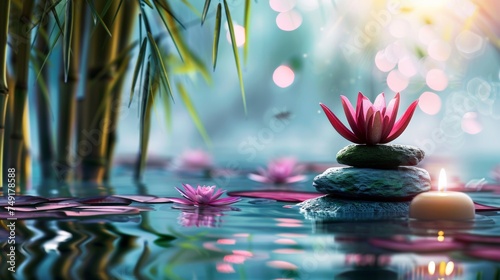 Spa: Natural Alternative Therapy With Massage Stones And Water Lily in Water with bamboo tree, scented candle, in the style of stone sculptures