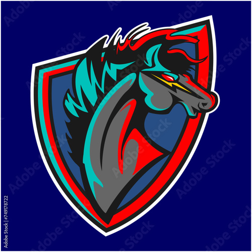 logo illustration of a horse head out fiercely from the shield icon, which looks bright and bold