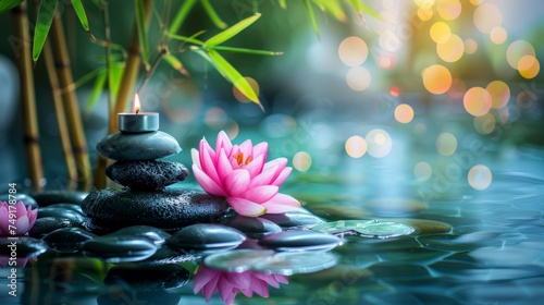 Spa  Natural Alternative Therapy With Massage Stones And Water Lily in Water with bamboo tree  scented candle  in the style of stone sculptures