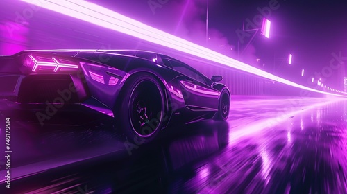 Car Driving at Night. Futuristic  Purple  Neon  Drive  Car  Race  Motion  Synth  Drift  Music  Automobile  Auto  Style  Fast 