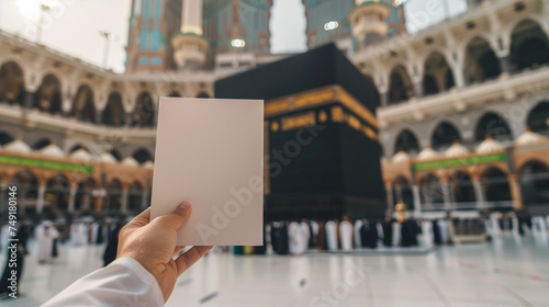 Muslim hand holding a blank sheet of paper, with the background of the Kaaba in Mecca, Ai Generated Images