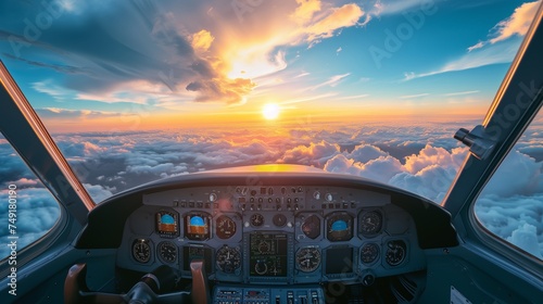 Aerial sunset view over the Mountains from the cockpit of a private aircraf.t, Sky background