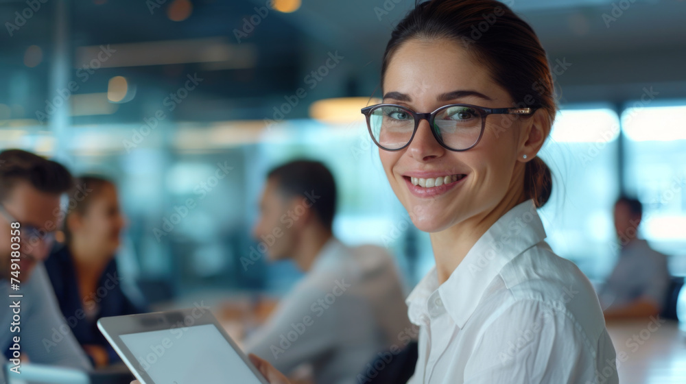 A smiling professional woman with glasses is seated in a corporate office environment with her team working in the background. A smiling professional woman with glasses is seated in a corporate office environment with her team working in the background.