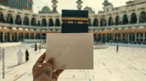 Muslim hand holding a blank sheet of paper, with the background of the Kaaba in Mecca, Ai Generated Images