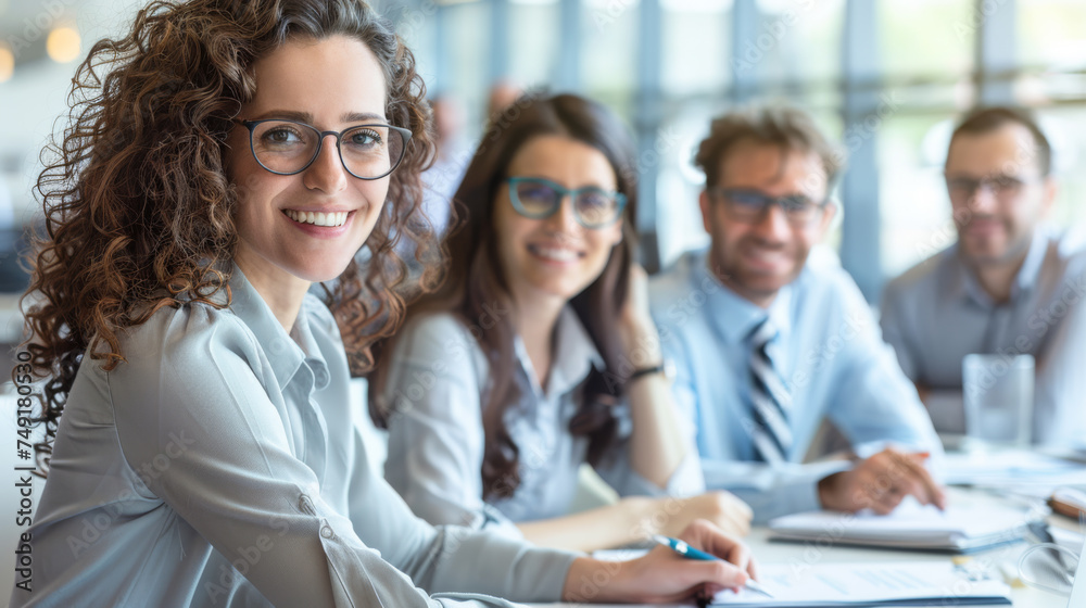 close-up of a professional woman with glasses, likely part of a diverse business team in a meeting. close-up of a professional woman with glasses, likely part of a diverse business team in a meeting.