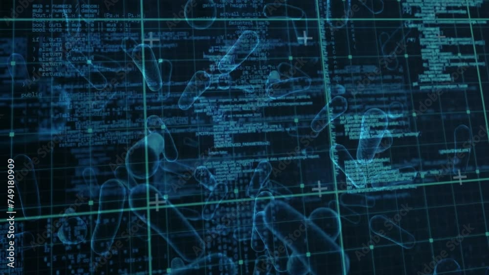 Animation of data processing over virus cells on black background Animation of data processing over virus cells on black background