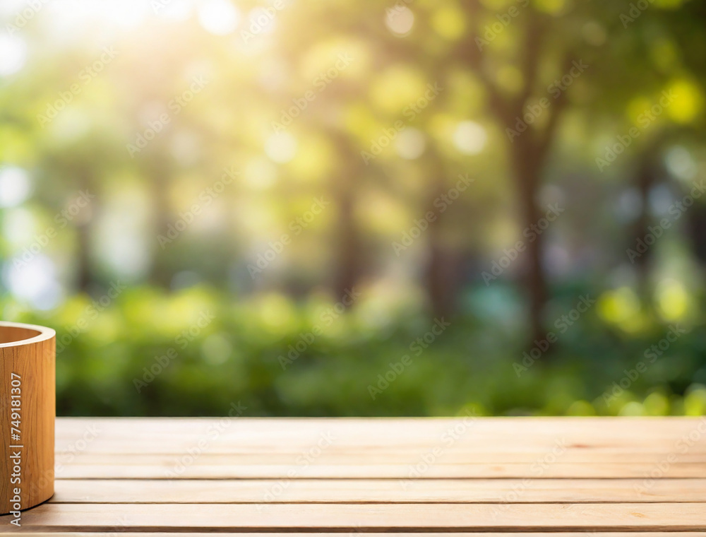 Wooden table in garden with bokeh sunlight Wooden table in garden with bokeh sunlight
