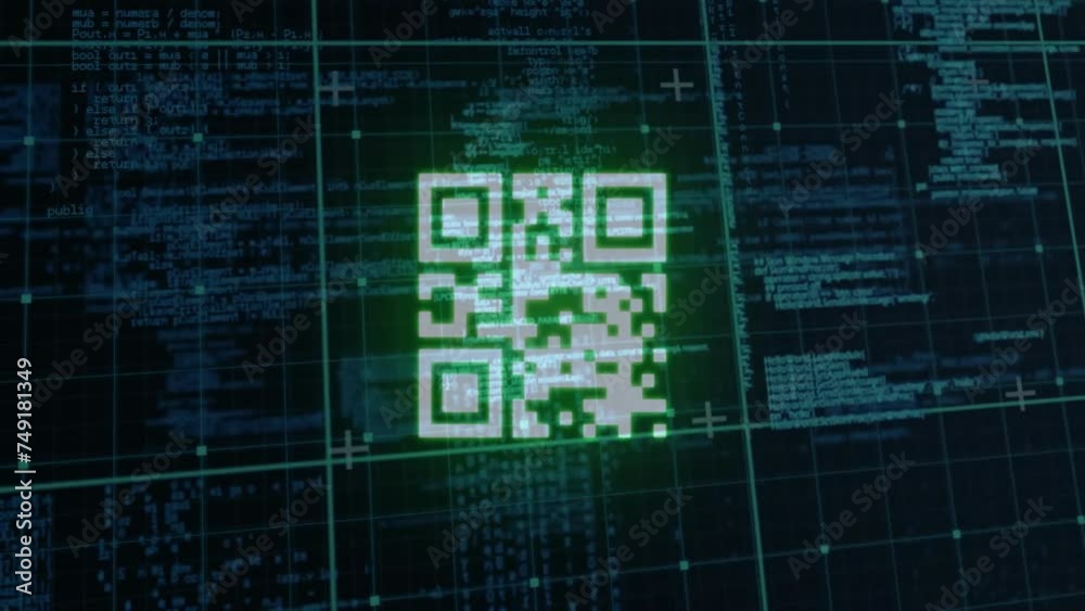 Animation of qr code over data processing on black background Animation of qr code over data processing on black background