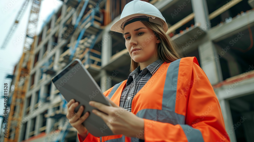 Woman engineer supervising building construction, worker checking tablet device. Construction site management. Woman engineer supervising building construction, worker checking tablet device. Construction site management.