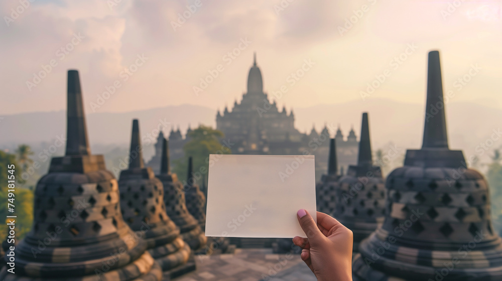 hand holding a blank sheet of paper, with the Borobudur temple in the background, Ai Generated Images