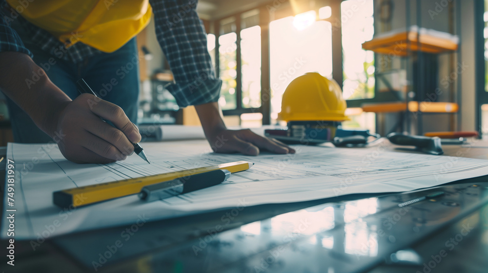 Engineer working on blueprint, project meeting with partner, construction concept with model building and tools Engineer working on blueprint, project meeting with partner, construction concept with model building and tools