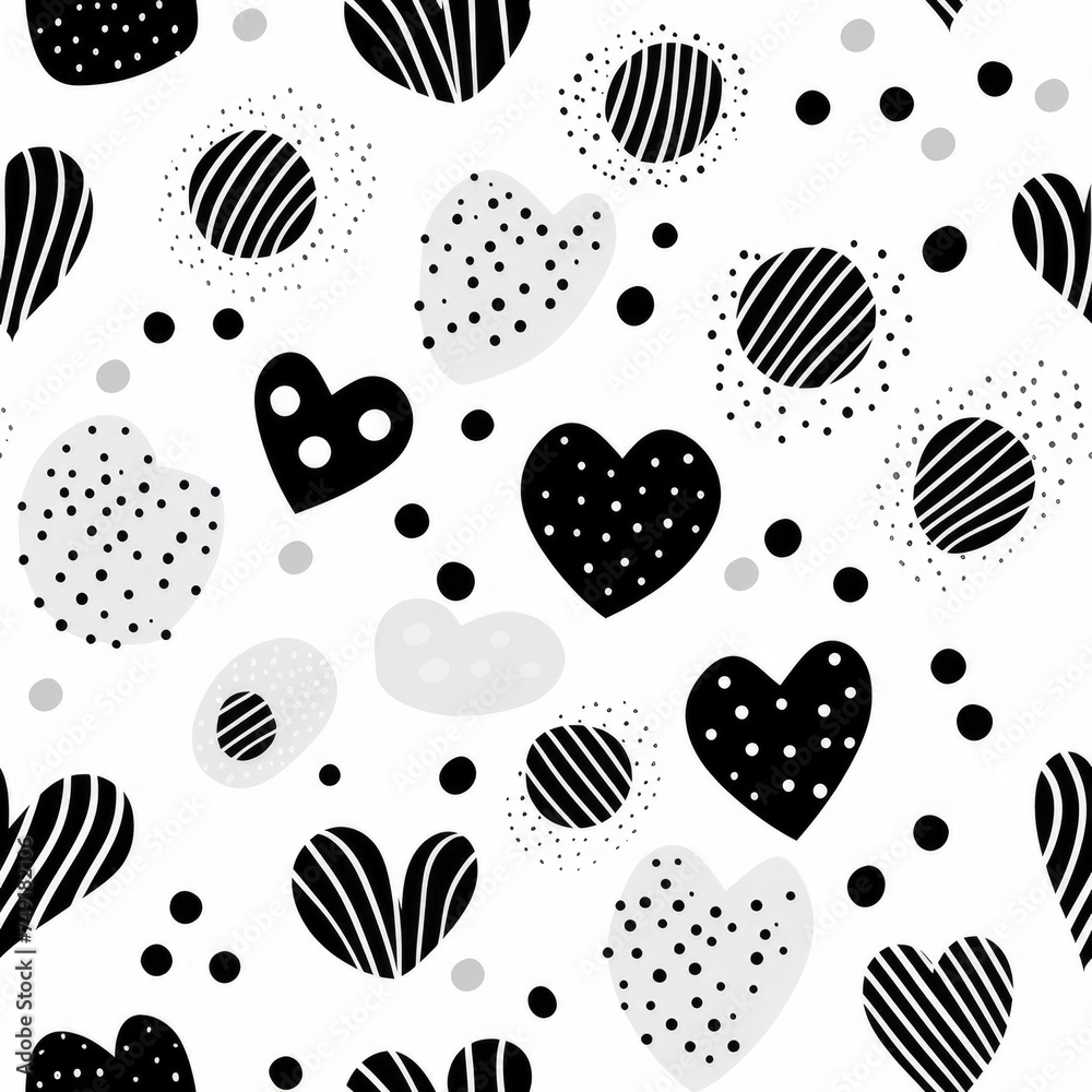 Cute black and white doodles Hearts and polka dots seamless pattern with hand drawn on white background 