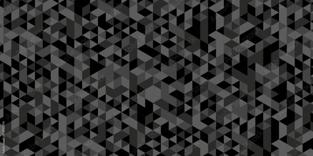 Fototapeta premium Seamless geometric pattern square shapes low polygon backdrop background. Abstract geometric wall tile and metal cube background triangle wallpaper. Gray and black polygonal background.