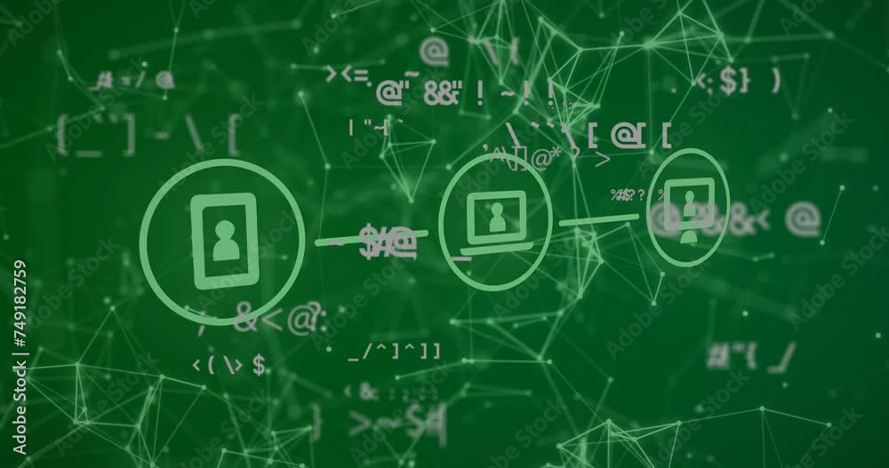 Animation of data processing and network of connections with icons on green background Animation of data processing and network of connections with icons on green background