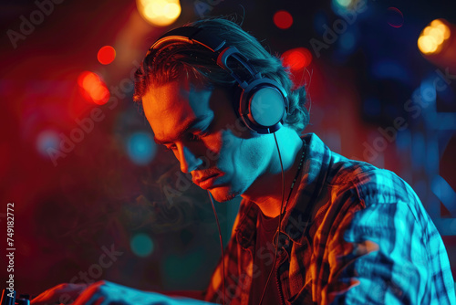 Young man DJ wearing headphones and playing music in night club party