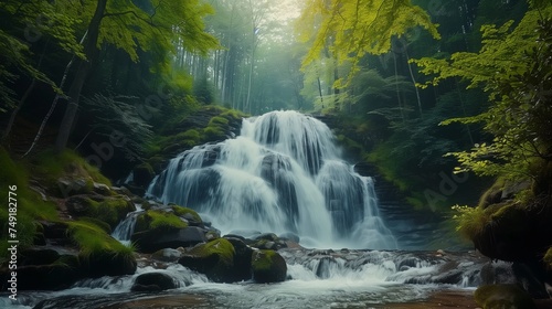 The beauty of nature with beautiful serene waterfall, forest nature background  © sundas