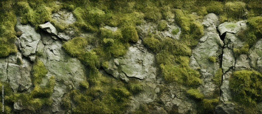 Lush green moss thrives on the rugged surface of a towering rock wall, adding a touch of vibrant life to the grey stone. The delicate moss clings to the crevices and cracks, showcasing natures