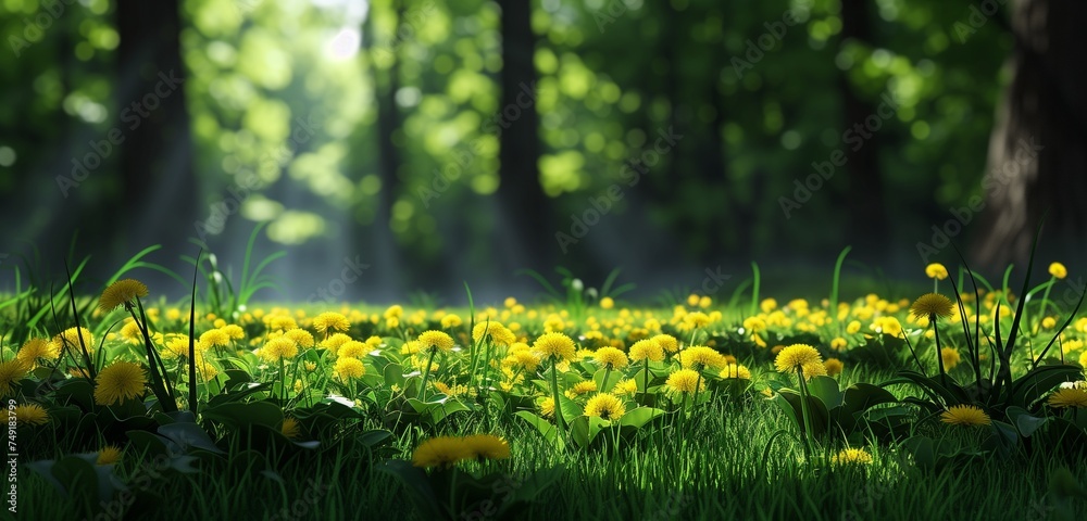Obraz premium Beautiful lawn with fresh grass and yellow dandelions 