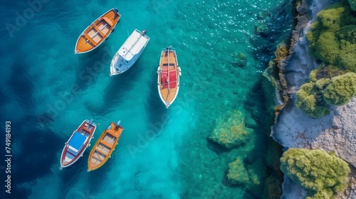 Summer seascape with clear water in sunny day. Top view of boats from drone © sundas