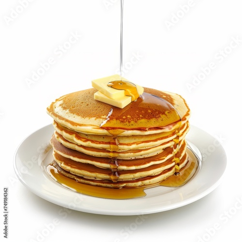 Stack of pancakes with butter and syrup on a plate isolated on white background