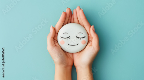 A pair of hands gently holds a round, plush cushion with a simple, smiling face emoji design against a solid blue background. photo