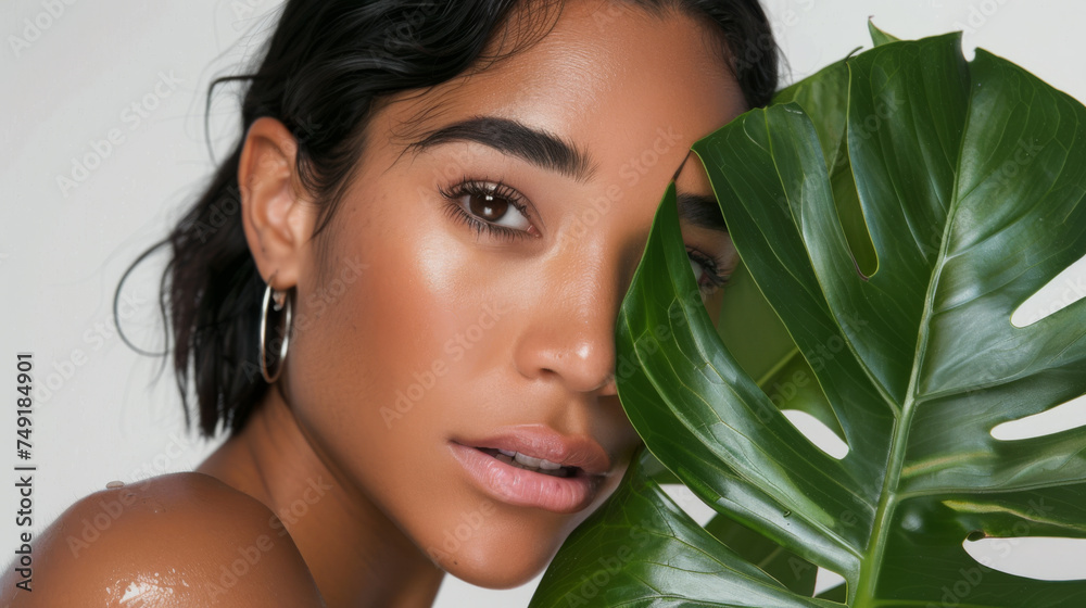 close-up of a young woman with wet skin, holding a green leaf close to her face, which partially covers it, close-up of a young woman with wet skin, holding a green leaf close to her face, which partially covers it,