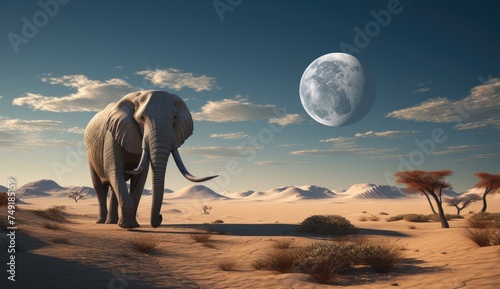 an elephant standing in the desert with a planet
