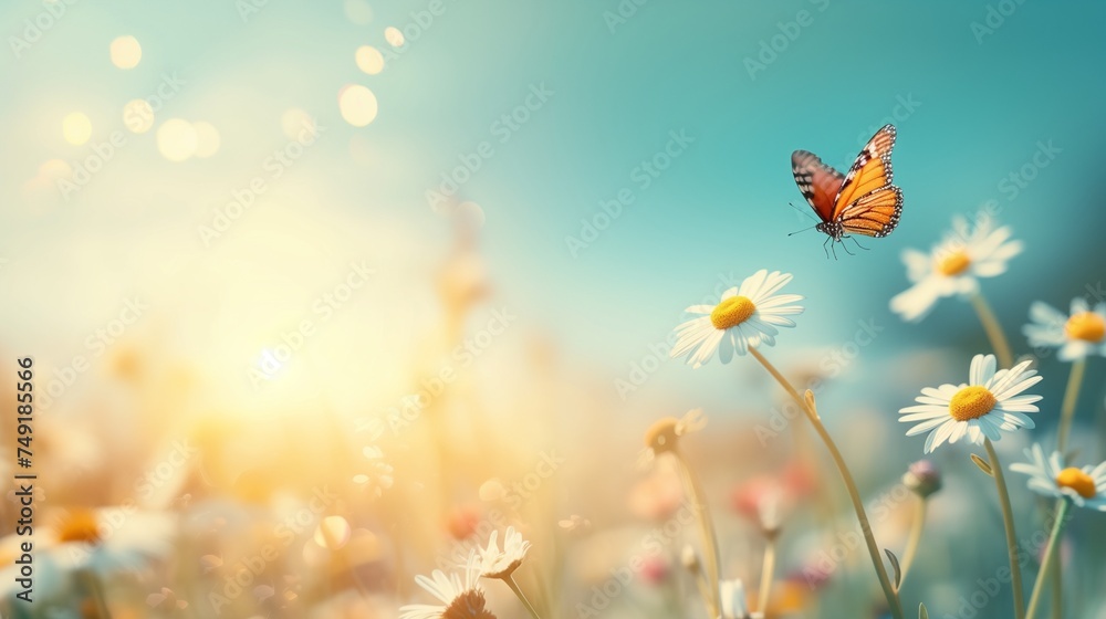 Chamomiles daisies with background of blue sky with sunshine and a flying butterfly